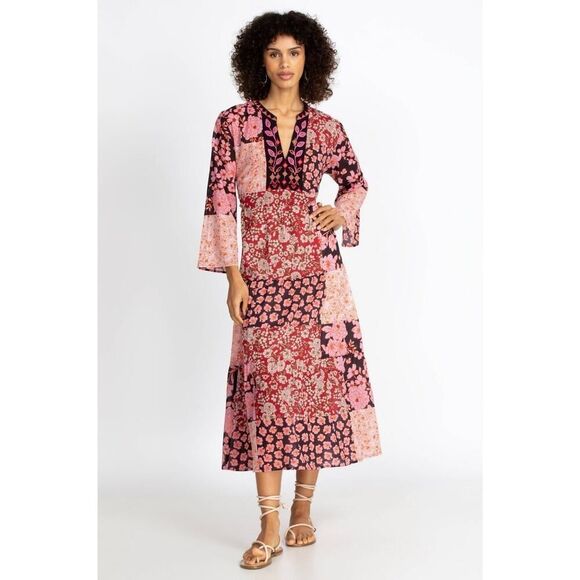 Johnny Was FLORA TIE BACK DRESS Patchwork Floral Multicolor Cotton sz M - Picture 1 of 16